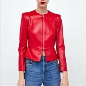 Zara red leather peplum jacket